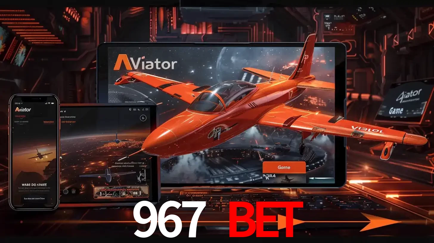 Apresentação tecnológica do jogo Aviator com um avião saindo da tela de um tablet, demonstrando a experiência imersiva em múltiplos dispositivos no 967 BET.