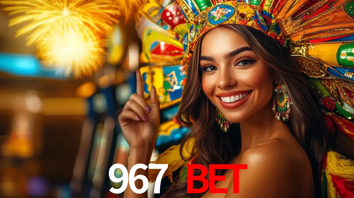 Mulher sorridente com um cocar de carnaval vibrante e colorido, celebrando uma grande vitória nos jogos do cassino 967 BET com fogos de artifício ao fundo.