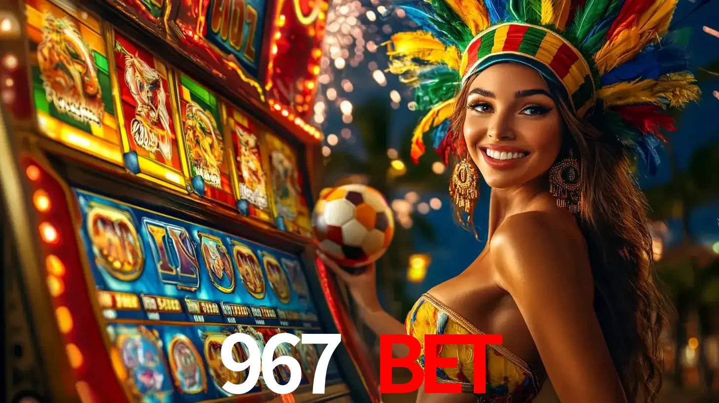 Mulher com um cocar de carnaval ao lado de uma máquina de caça-níqueis enquanto segura uma bola de futebol, mostrando a união da diversão de cassino e esportes no 967 BET.