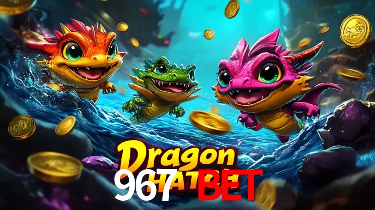 Arte promocional do jogo Dragon Hatch com três adoráveis dragões bebês nadando entre moedas de ouro, um dos slots mais divertidos para jogar no cassino 967 BET.