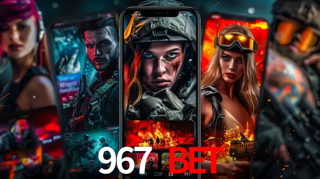 Montagem de telas de celular mostrando diversos personagens, masculinos e femininos, de um jogo de tiro, ilustrando a diversidade de equipes de e-sports para apostar no 967 BET.