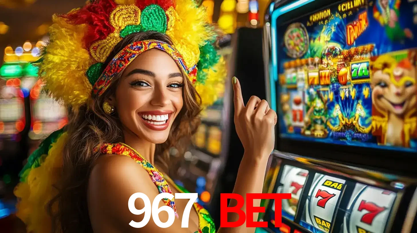 Mulher animada com um cocar de carnaval apontando para uma máquina de caça-níqueis, mostrando a emoção de ganhar um grande prêmio nos jogos do 967 BET.