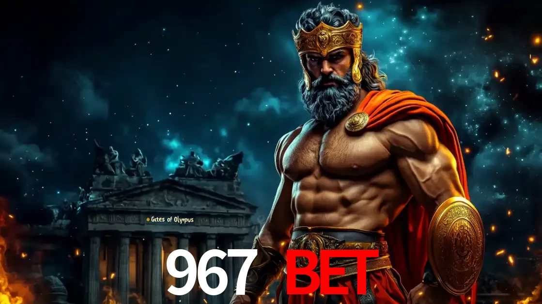 O poderoso Zeus do jogo de slot Gates of Olympus em frente ao seu templo, pronto para lançar multiplicadores divinos e prêmios épicos no cassino online 967 BET.