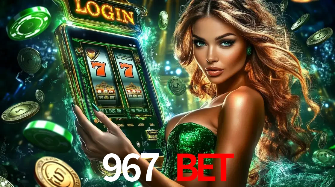 Mulher com tema verde apresentando o aplicativo do cassino 967 BET com um jogo de slot de 777, cercada por fichas de cassino e uma aura de sorte.