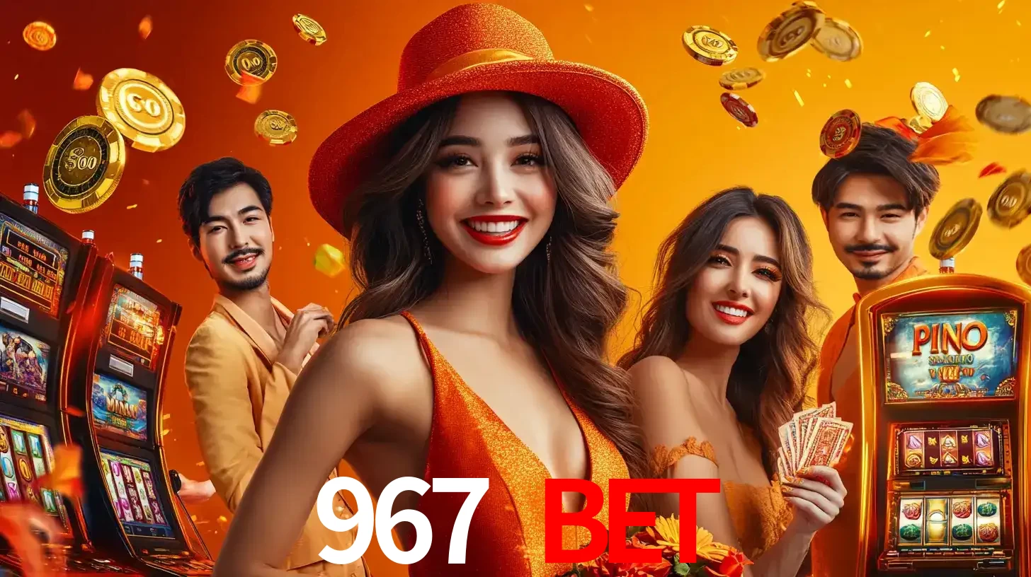 Grupo de amigos asiáticos sorrindo e se divertindo com máquinas de caça-níqueis em um ambiente festivo, celebrando suas vitórias nos jogos de cassino do 967 BET.