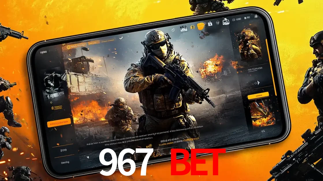 Um smartphone exibindo a interface de um jogo de tiro em primeira pessoa, com um soldado em um cenário de batalha, representando a ação dos e-sports para apostar no 967 BET.
