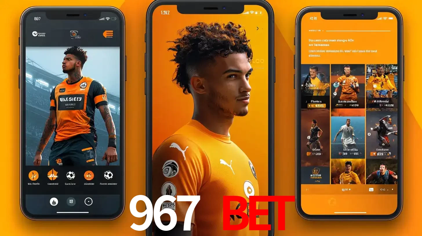 Interface do aplicativo de apostas esportivas 967 BET em três telas de celular, mostrando o perfil de um jogador de futebol e a lista de jogos disponíveis para apostar.