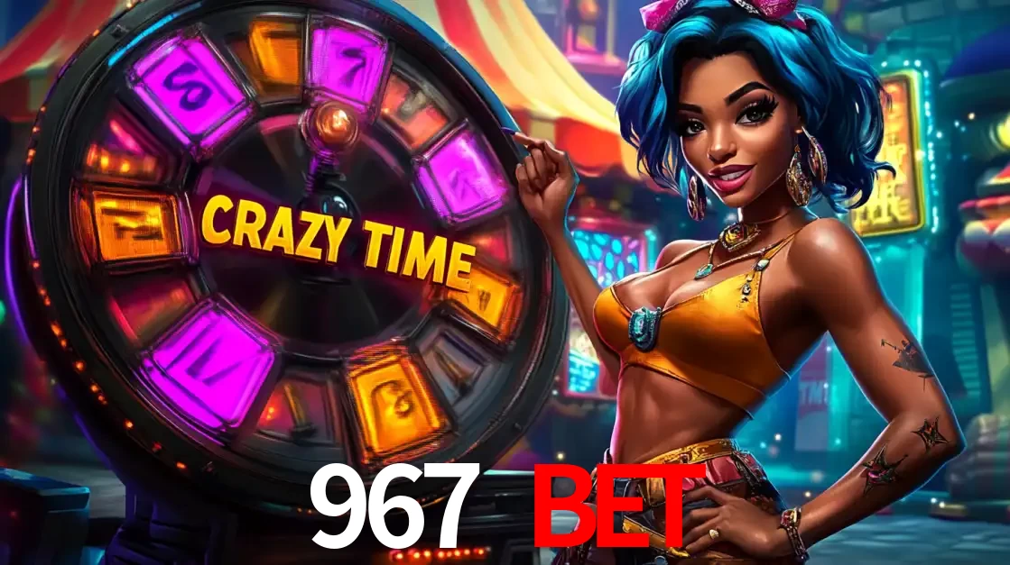 Mulher estilizada com cabelo azul e visual vibrante posando ao lado da roda de prêmios do game show Crazy Time, convidando para a diversão e os bônus do cassino 967 BET.