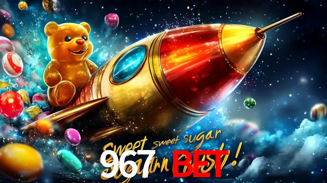 Arte promocional do jogo de slot Sugar Rush, com um urso de pelúcia em um foguete viajando pelo espaço de doces, um dos jogos divertidos disponíveis no cassino 967 BET.