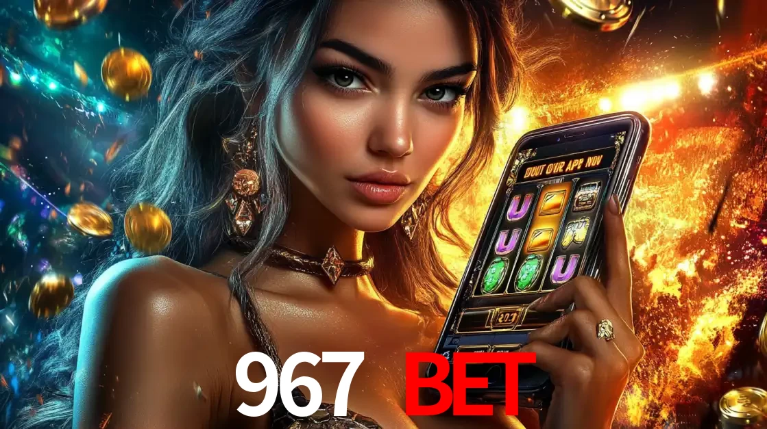 Mulher elegante mostrando um jogo de caça-níqueis em seu smartphone, destacando a experiência de cassino móvel oferecida pelo aplicativo 967 BET.