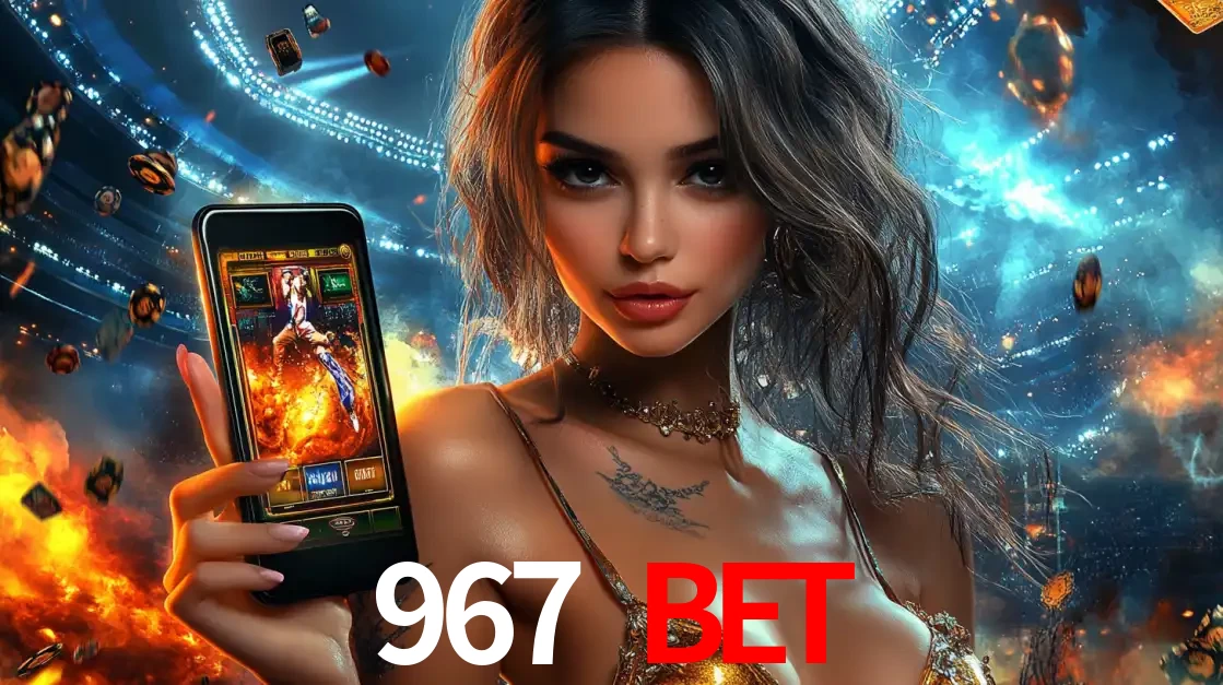 Mulher segurando um celular com um jogo de slot em destaque, tendo como fundo um estádio vibrante, simbolizando a emoção de jogar no cassino móvel 967 BET.
